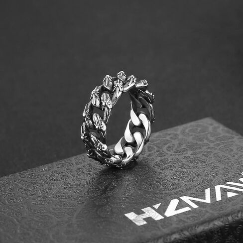 HZMAN Stainless Steel Rings for Men 8mm Wide Silver Cuban Link Ring with Six-Pointed Stars Wedding Ring Size 7-12 in Saudi Arabia