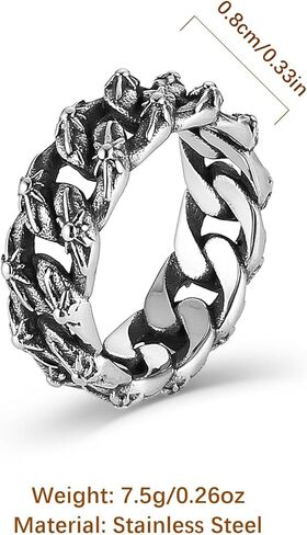 HZMAN Stainless Steel Rings for Men 8mm Wide Silver Cuban Link Ring with Six-Pointed Stars Wedding Ring Size 7-12 in Saudi Arabia