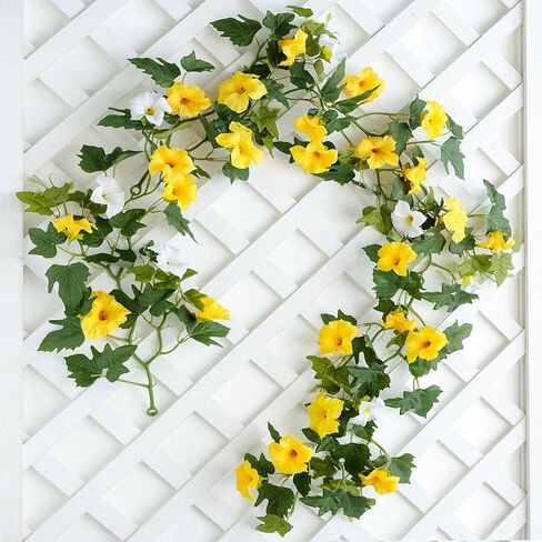 Mizii Artificial Petunias Flower Vines Garland 6 Feet Yellow Faux Morning Glory Silk Flowers Garland UV Resistant Fake Hanging Vines Plants Decorations for Outdoor Garden Indoor Home Decor (Yellow) in Kuwait