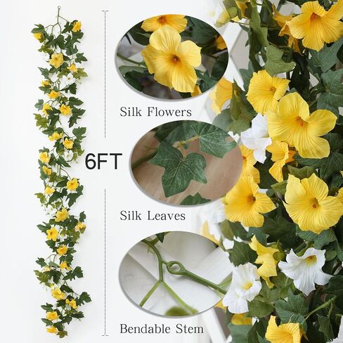 Mizii Artificial Petunias Flower Vines Garland 6 Feet Yellow Faux Morning Glory Silk Flowers Garland UV Resistant Fake Hanging Vines Plants Decorations for Outdoor Garden Indoor Home Decor (Yellow) in Kuwait