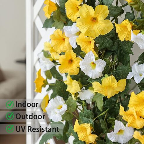 Mizii Artificial Petunias Flower Vines Garland 6 Feet Yellow Faux Morning Glory Silk Flowers Garland UV Resistant Fake Hanging Vines Plants Decorations for Outdoor Garden Indoor Home Decor (Yellow) in Kuwait