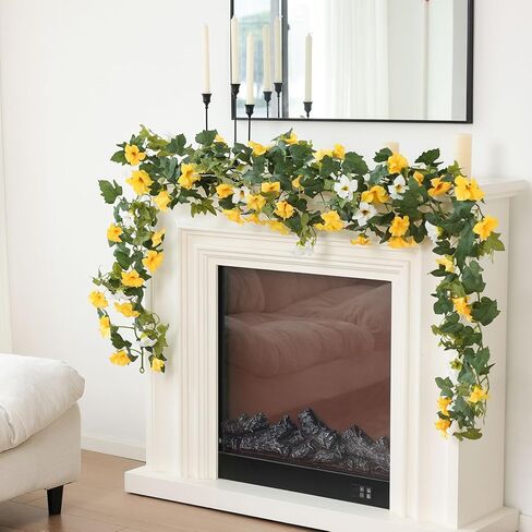 Mizii Artificial Petunias Flower Vines Garland 6 Feet Yellow Faux Morning Glory Silk Flowers Garland UV Resistant Fake Hanging Vines Plants Decorations for Outdoor Garden Indoor Home Decor (Yellow) in Kuwait