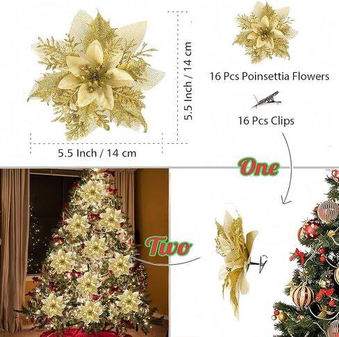 Christmas Tree Decorations,Poinsettias Glitter Artificial Christmas Flowers,16Pcs 5.5" Gold Poinsettia Flowers for Christmas Tree,Artificial Flowers Christmas Ornaments Xmas Glitter Flower in Saudi Arabia