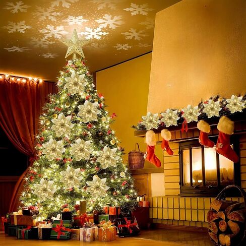 Christmas Tree Decorations,Poinsettias Glitter Artificial Christmas Flowers,16Pcs 5.5" Gold Poinsettia Flowers for Christmas Tree,Artificial Flowers Christmas Ornaments Xmas Glitter Flower in Saudi Arabia