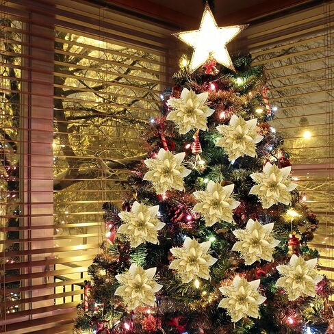 Christmas Tree Decorations,Poinsettias Glitter Artificial Christmas Flowers,16Pcs 5.5" Gold Poinsettia Flowers for Christmas Tree,Artificial Flowers Christmas Ornaments Xmas Glitter Flower in Saudi Arabia