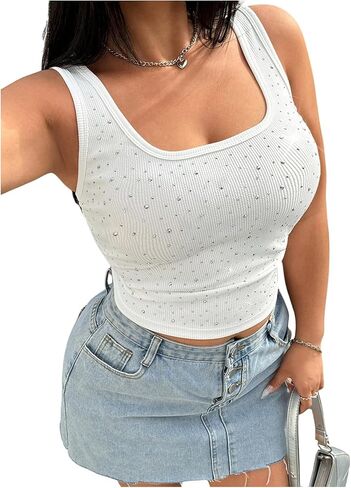 WDIRARA Women's Plus Size Rhinestone Tank Top Square Neck Sleeveless Rib Knit Tops in Saudi Arabia