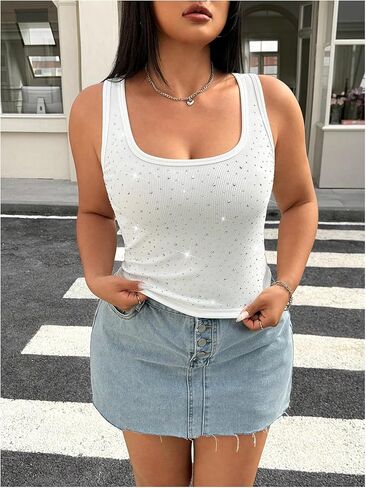 WDIRARA Women's Plus Size Rhinestone Tank Top Square Neck Sleeveless Rib Knit Tops in Saudi Arabia