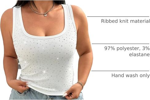 WDIRARA Women's Plus Size Rhinestone Tank Top Square Neck Sleeveless Rib Knit Tops in Saudi Arabia