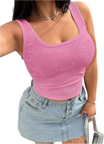 WDIRARA Women's Plus Size Rhinestone Tank Top Square Neck Sleeveless Rib Knit Tops in Saudi Arabia
