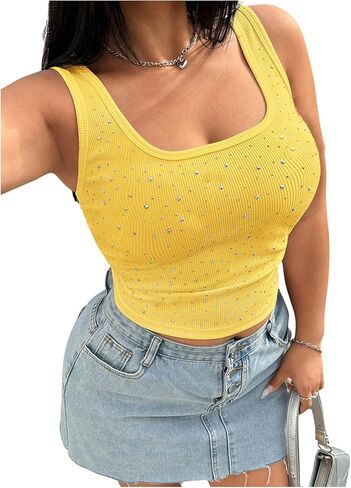 WDIRARA Women's Plus Size Rhinestone Tank Top Square Neck Sleeveless Rib Knit Tops in Saudi Arabia