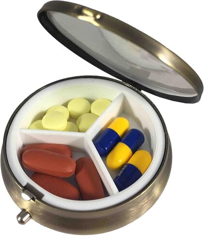 Classic Brass Daily Pocket Travel Sized Pill Box Case with Divider (Round-3 Section) in Saudi Arabia