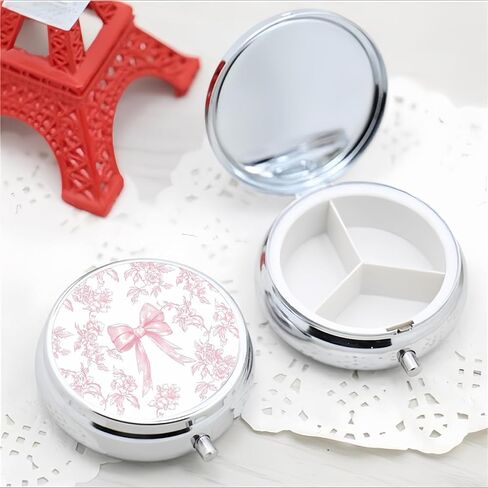 Pill Organizer 3 Compartment Cute Mini Metal Pill Holder, Travel Portable Small Pill Case Pocket for Woman - Pink Bow in Saudi Arabia