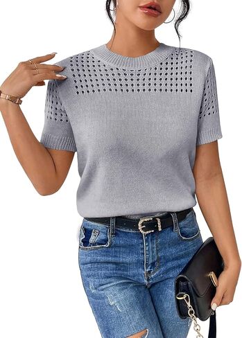 Short Sleeve Sweaters for Women 2026 Casual Crewneck Summer Shirts Lightweight Hollow Out Knit Sweater Tops in Saudi Arabia