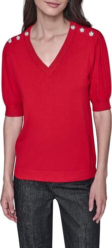 Karl Lagerfeld Womens Short Sleeve V-Neck Crystal Button Sweater in Saudi Arabia