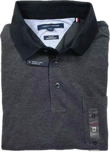 قميص بولو رجالي من Tommy Hilfiger بقصة ضيقة وجيب شبكي من القطن والكتان (أسود/حديدي (قصة ضيقة)، مقاس XL) in Saudi Arabia