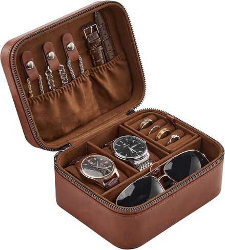 ProCase Travel Watch Case, 3 Slots Leather Mens Jewelry Box, Portable Watches Cufflinks Accessories Storage Case, Zippered Carrying Organizer Bag for Man -Black in Kuwait