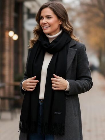 Womens Soft Black Fringed Scarf Cashmere Feel Winter Wrap Warm Fashion Accessory For Daily Travel Use in Saudi Arabia