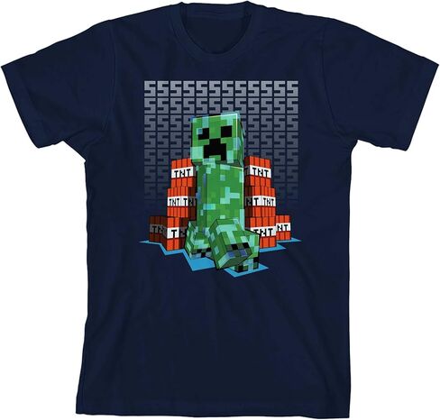 Minecraft Creeper TNT Sound Background Boy's Navy Blue T-Shirt in Saudi Arabia