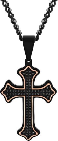 Men’s 0.40ctw Black Diamond Cross Pendant in Stainless Steel with Rose Accent Finish on 24-Inch Black Curb Chain in Saudi Arabia