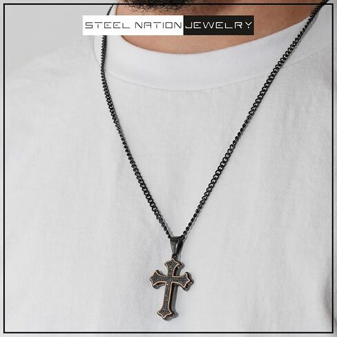 Men’s 0.40ctw Black Diamond Cross Pendant in Stainless Steel with Rose Accent Finish on 24-Inch Black Curb Chain in Saudi Arabia