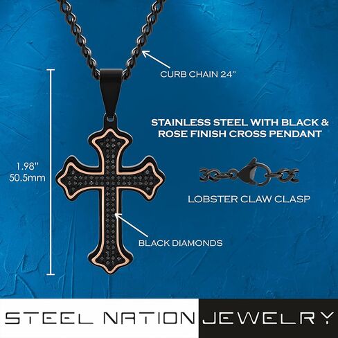 Men’s 0.40ctw Black Diamond Cross Pendant in Stainless Steel with Rose Accent Finish on 24-Inch Black Curb Chain in Saudi Arabia