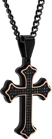 Men’s 0.40ctw Black Diamond Cross Pendant in Stainless Steel with Rose Accent Finish on 24-Inch Black Curb Chain in Saudi Arabia