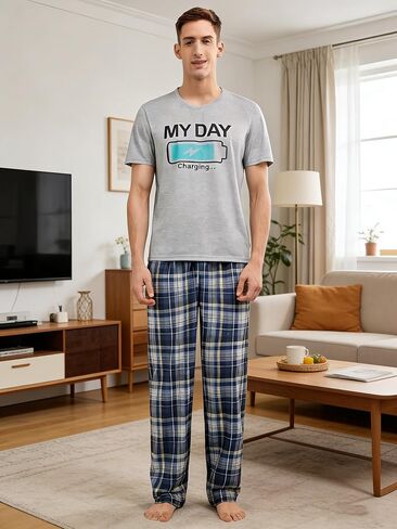 Gray Men's Pajama Sets, Charging Battery Pajama Set Striped Plaid Pants men, Soft Pijamas Para Hombres in Saudi Arabia