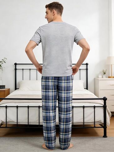 Gray Men's Pajama Sets, Charging Battery Pajama Set Striped Plaid Pants men, Soft Pijamas Para Hombres in Saudi Arabia