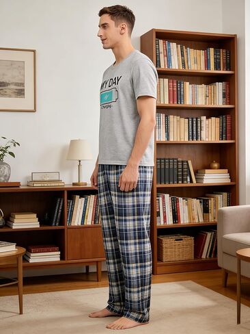 Gray Men's Pajama Sets, Charging Battery Pajama Set Striped Plaid Pants men, Soft Pijamas Para Hombres in Saudi Arabia