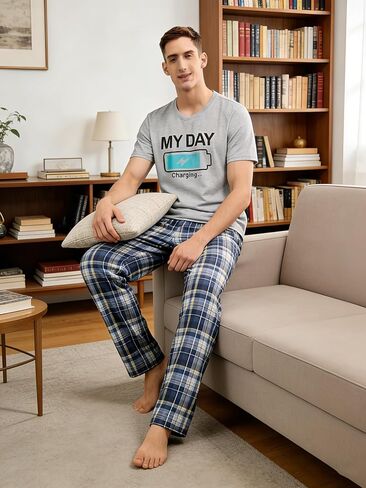 Gray Men's Pajama Sets, Charging Battery Pajama Set Striped Plaid Pants men, Soft Pijamas Para Hombres in Saudi Arabia