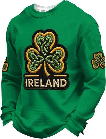 St Patricks Day Shirt for Men，Green Waffle Crewneck Sweatshirt with Shamrock and Sleeve Emblem in Saudi Arabia