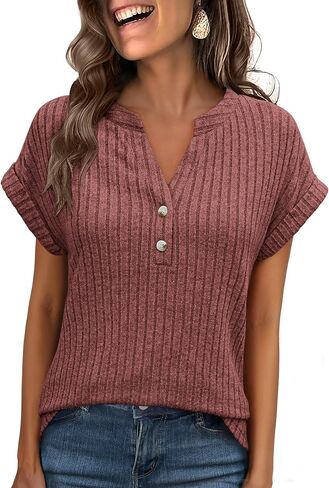ANRABESS Womens Short Sleeve Henley Shirts V Neck Summer Sweaters 2026 Spring Business Tunic Tops Dressy Casual Work Blouses in Saudi Arabia