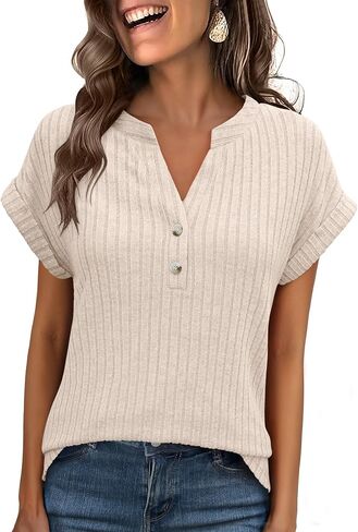 ANRABESS Womens Short Sleeve Henley Shirts V Neck Summer Sweaters 2026 Spring Business Tunic Tops Dressy Casual Work Blouses in Saudi Arabia