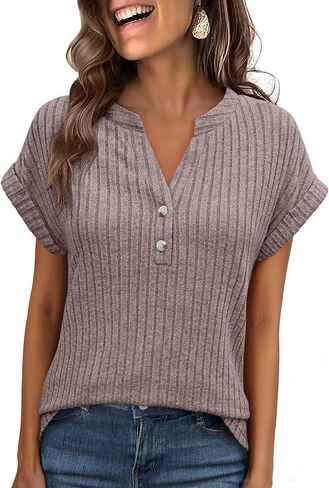 ANRABESS Womens Short Sleeve Henley Shirts V Neck Summer Sweaters 2026 Spring Business Tunic Tops Dressy Casual Work Blouses in Saudi Arabia
