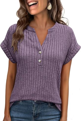 ANRABESS Womens Short Sleeve Henley Shirts V Neck Summer Sweaters 2026 Spring Business Tunic Tops Dressy Casual Work Blouses in Saudi Arabia