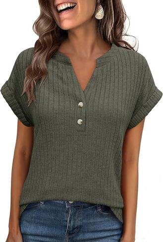 ANRABESS Womens Short Sleeve Henley Shirts V Neck Summer Sweaters 2026 Spring Business Tunic Tops Dressy Casual Work Blouses in Saudi Arabia