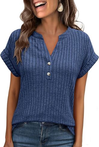 ANRABESS Womens Short Sleeve Henley Shirts V Neck Summer Sweaters 2026 Spring Business Tunic Tops Dressy Casual Work Blouses in Saudi Arabia