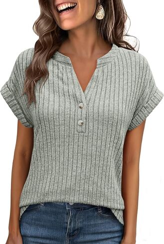ANRABESS Womens Short Sleeve Henley Shirts V Neck Summer Sweaters 2026 Spring Business Tunic Tops Dressy Casual Work Blouses in Saudi Arabia