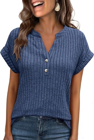 ANRABESS Womens Short Sleeve Henley Shirts V Neck Summer Sweaters 2026 Spring Business Tunic Tops Dressy Casual Work Blouses in Saudi Arabia