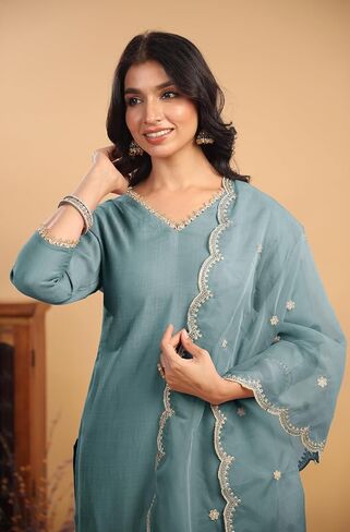 مجموعة كورتا نسائية من Janasya Indian Chanderi Silk Lavender Solid ملابس احتفالية للنساء in Kuwait
