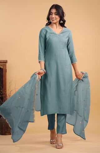 مجموعة كورتا نسائية من Janasya Indian Chanderi Silk Lavender Solid ملابس احتفالية للنساء in Kuwait