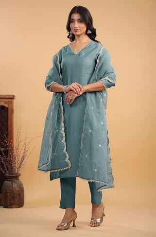 مجموعة كورتا نسائية من Janasya Indian Chanderi Silk Lavender Solid ملابس احتفالية للنساء in Kuwait