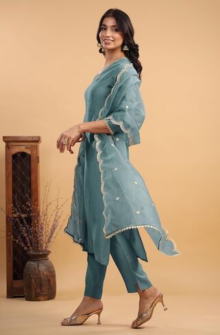 مجموعة كورتا نسائية من Janasya Indian Chanderi Silk Lavender Solid ملابس احتفالية للنساء in Kuwait