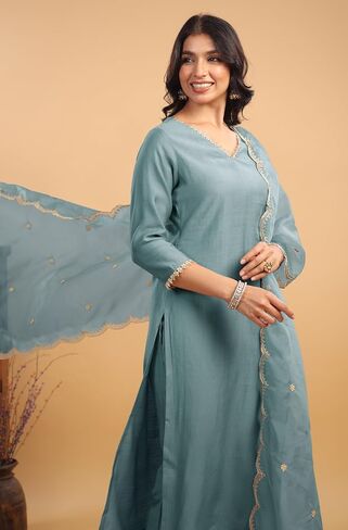 مجموعة كورتا نسائية من Janasya Indian Chanderi Silk Lavender Solid ملابس احتفالية للنساء in Kuwait