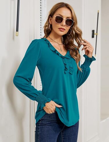 Womens Fall Long Sleeve Tops V Neck Shirts Smocked Ruffle Tunic Blouses in Saudi Arabia