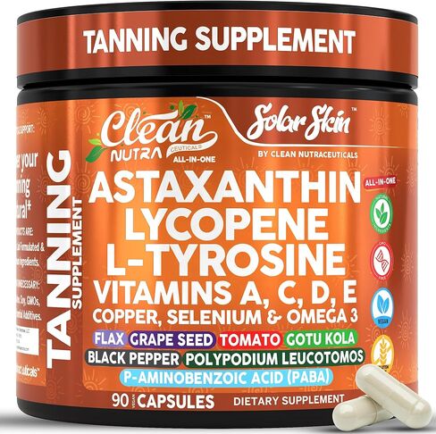Solar Skin Astaxanthin Tanning Supplement Lycopene L-Tyrosine Vitamins A C D E, PABA Beta Carotene Selenium Grapeseed Extract Omega 3 Flax Seed Copper Capsules by Clea Nutra in Saudi Arabia