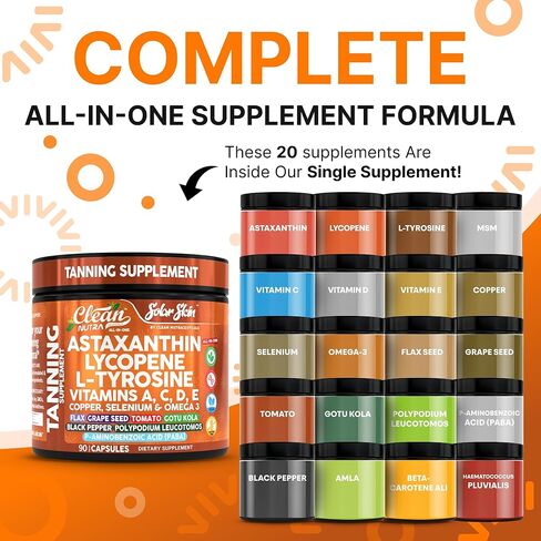 Solar Skin Astaxanthin Tanning Supplement Lycopene L-Tyrosine Vitamins A C D E, PABA Beta Carotene Selenium Grapeseed Extract Omega 3 Flax Seed Copper Capsules by Clea Nutra in Saudi Arabia