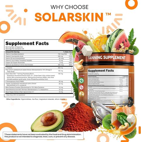 Solar Skin Astaxanthin Tanning Supplement Lycopene L-Tyrosine Vitamins A C D E, PABA Beta Carotene Selenium Grapeseed Extract Omega 3 Flax Seed Copper Capsules by Clea Nutra in Saudi Arabia