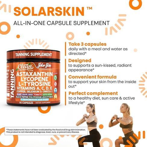 Solar Skin Astaxanthin Tanning Supplement Lycopene L-Tyrosine Vitamins A C D E, PABA Beta Carotene Selenium Grapeseed Extract Omega 3 Flax Seed Copper Capsules by Clea Nutra in Saudi Arabia