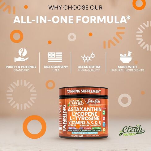 Solar Skin Astaxanthin Tanning Supplement Lycopene L-Tyrosine Vitamins A C D E, PABA Beta Carotene Selenium Grapeseed Extract Omega 3 Flax Seed Copper Capsules by Clea Nutra in Saudi Arabia